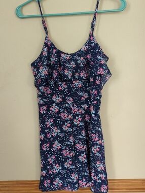 Navy Floral Ruffle Spaghetti Strap Romper